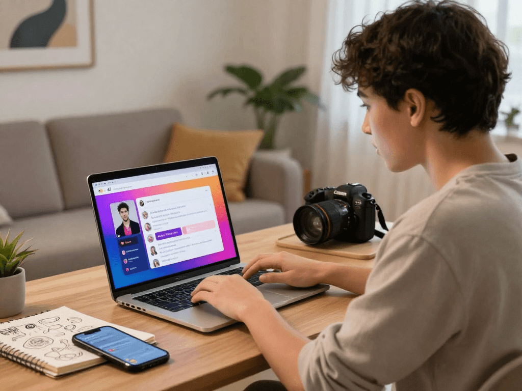 Engaging user exploring ai porn chat interface in cozy modern setting.