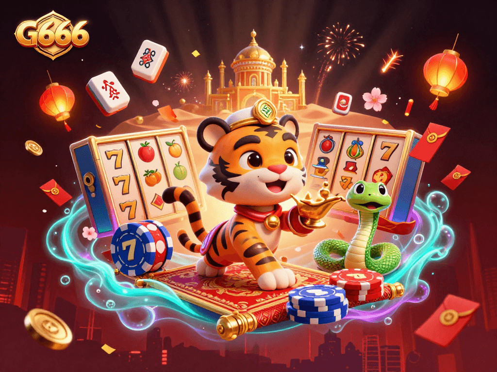 Experience G666 filled with vibrant slot reels, a tiger sultan, and festive casino elements in a magical scene.