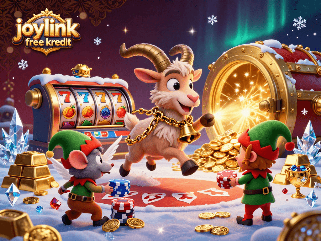 Experience thrilling joylink free kredit action in a vibrant casino scene with festive characters and gold treasures.