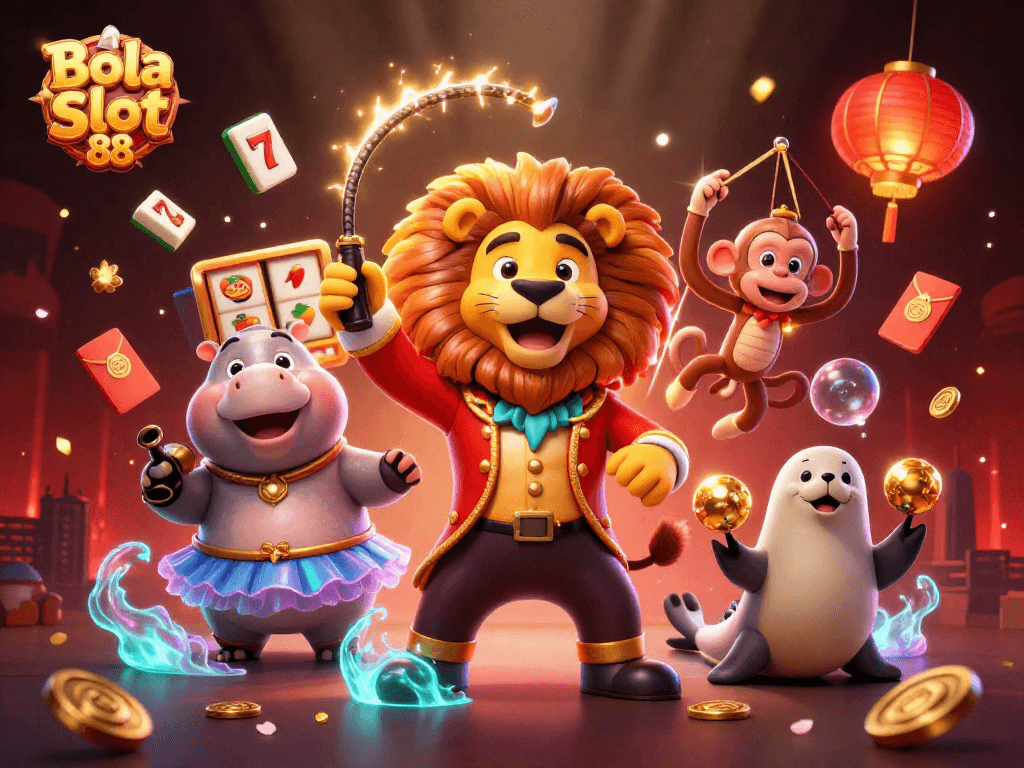 Bola Slot 88 showcases vibrant 3D circus characters amid swirling jackpots, a thrilling online gaming atmosphere.