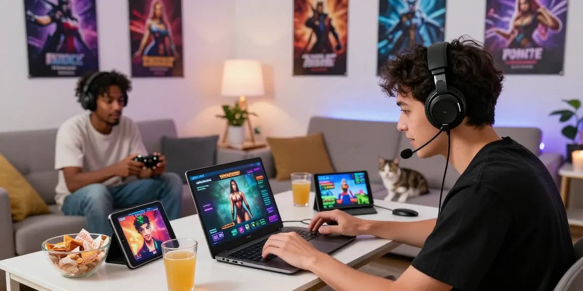 Engaging scene of gamers enjoying free sex games on various devices in a cozy gaming room.