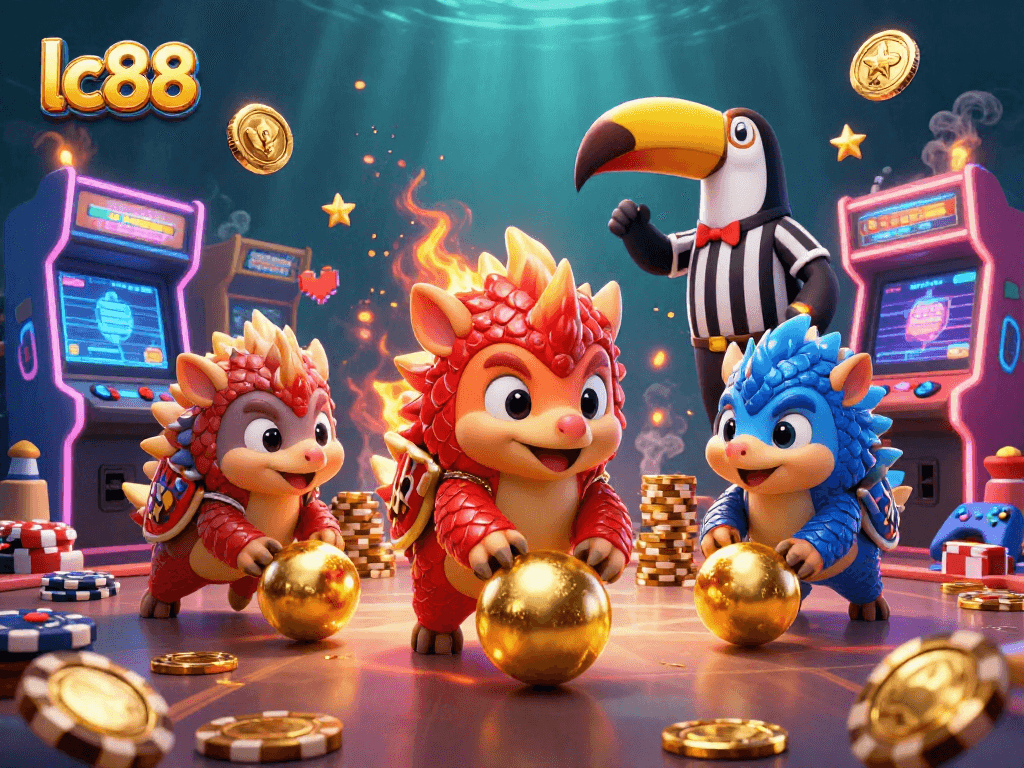 Play exciting games with lc88's rival pangolins competing in a vibrant casino scene.