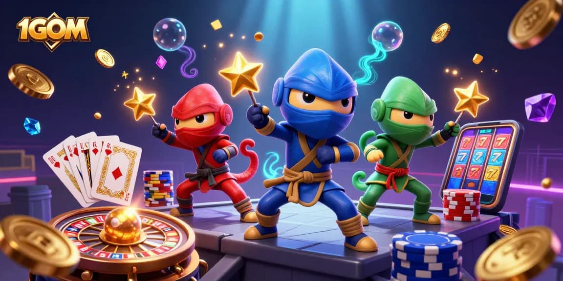 Engage with 1GOM as the ninja chameleon team showcases thrilling martial arts moves amid dynamic casino elements.