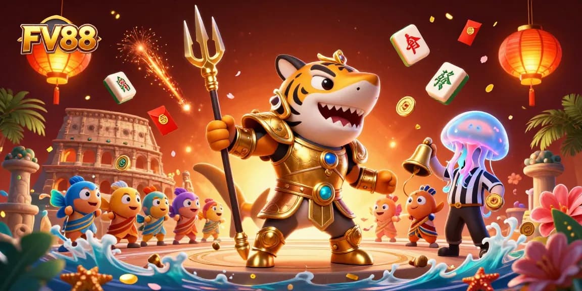 Experience FV88's thrilling online gaming with a vibrant underwater casino scene featuring a heroic shark.