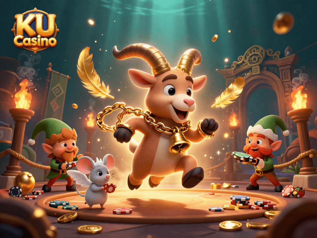 Experience thrilling action at KU Casino with Krampus and playful gremlins in a vibrant 3D illustration.