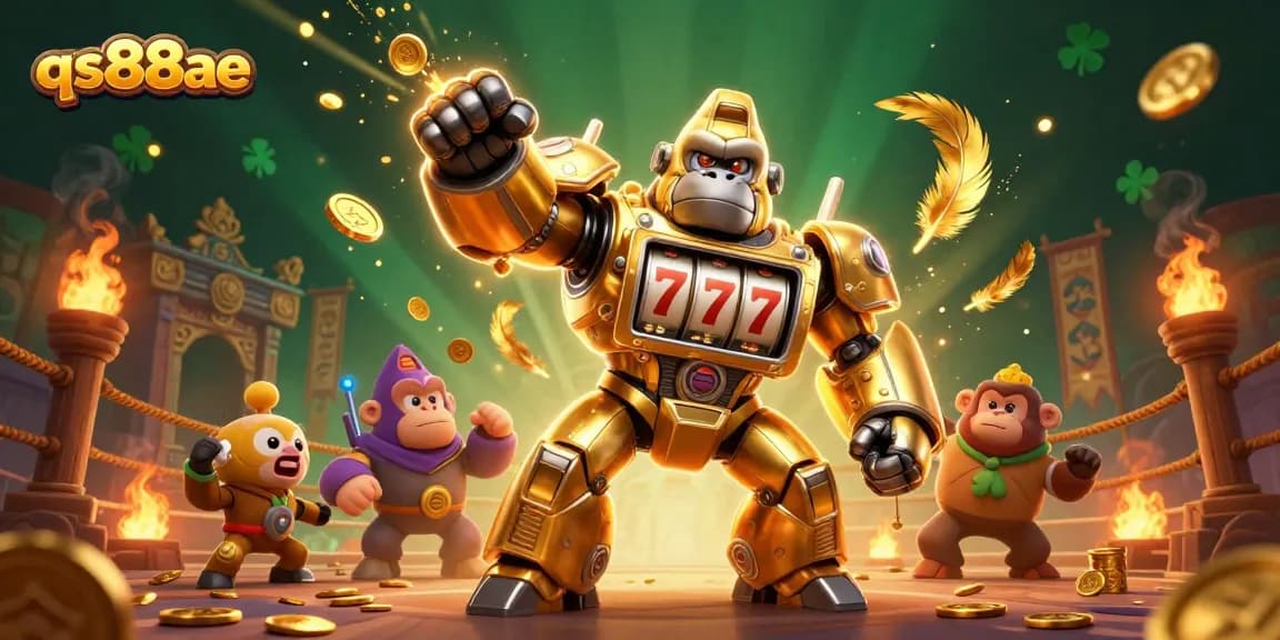 Spin for wins at qs88ae as a golden gorilla mech bursts through coins in a vibrant casino scene.