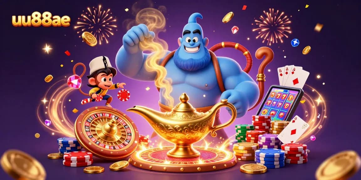 Cascade golden coins and poker chips with the uu88ae casino genie in a vibrant 3D illustration.