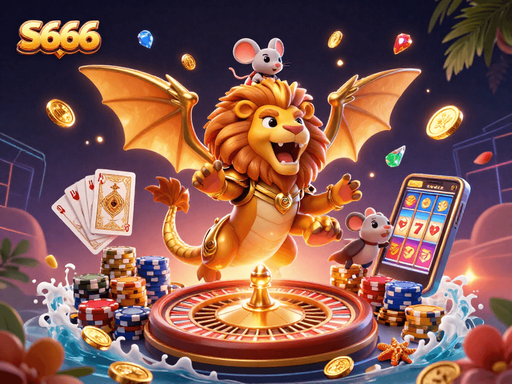 Experience thrilling gameplay at S666 with a vibrant 3D casino illustration featuring iconic elements.
