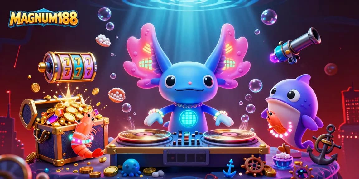 Join the excitement at MAGNUM188 with a vibrant underwater casino scene featuring gaming characters.