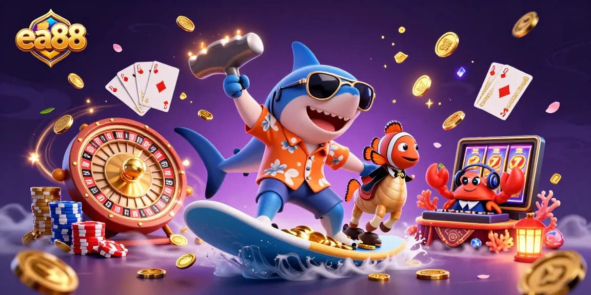 Surf the waves of fortune with a hammer-head shark and friends in a playful ea88 casino adventure.