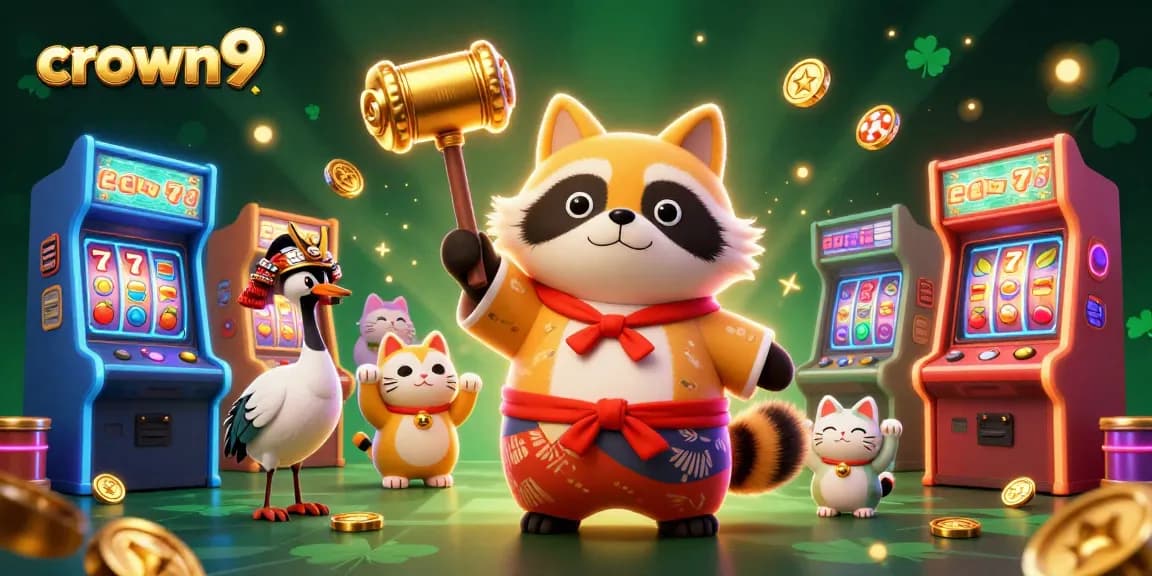 Crown9 Casino features vibrant 3D cartoon characters including a tanuki and fortune cats celebrating with slots and jackpot symbols.
