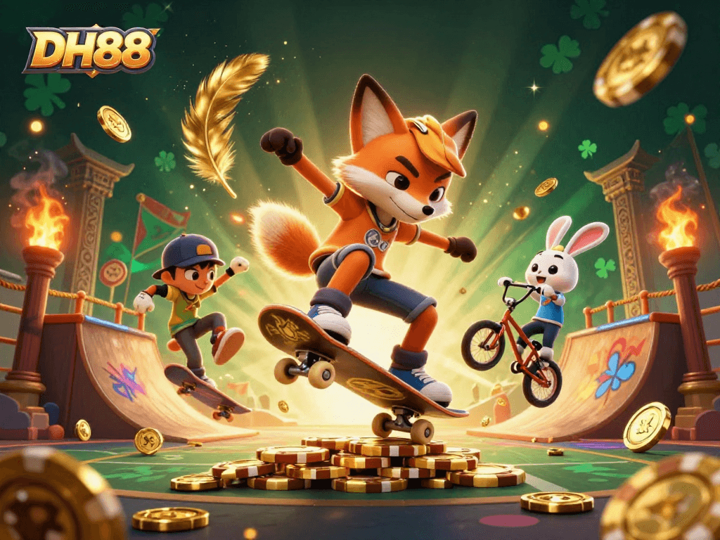 Experience thrilling gameplay at DH88 with a dynamic illustration of a skateboarder fox and BMX rabbit in a casino setting.