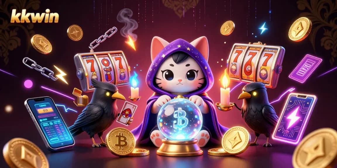 Experience exciting gameplay at kkwin with a mystic cat and raven in a vibrant 3D casino scene.