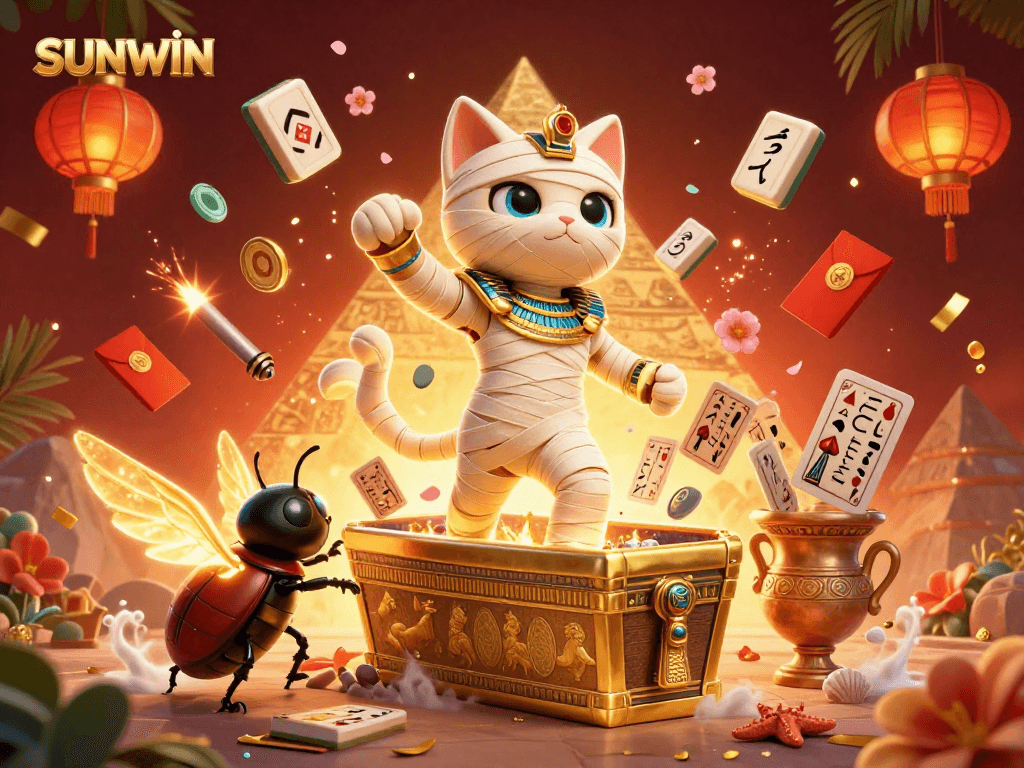SUNWIN features a dynamic casino scene with a vibrant mummy cat, a scarab, and floating Hieroglyph cards.
