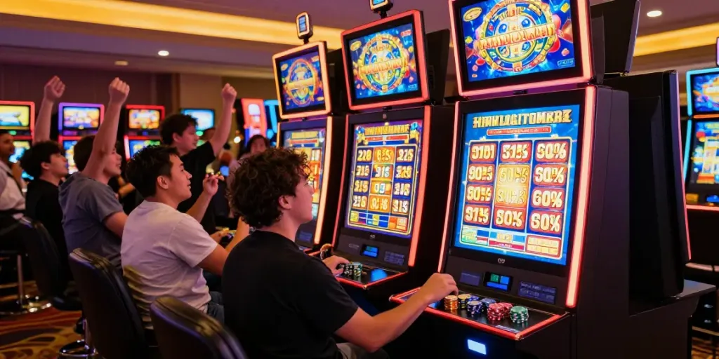 Player celebrating a win at a situs gacor slot machine in a vibrant casino.