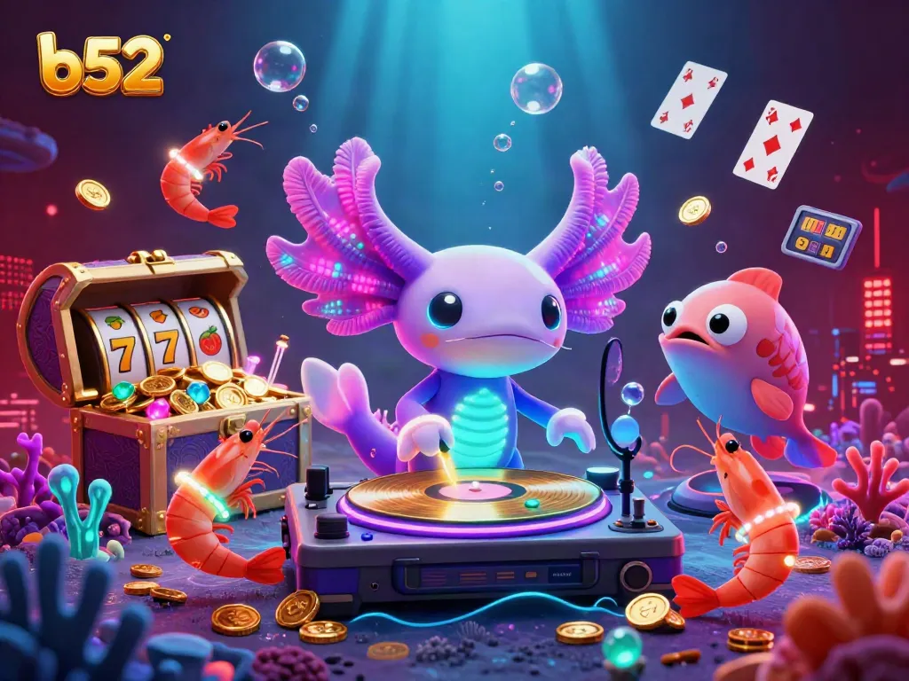 Engaging scene of vibrant axolotl DJ with shrimp and a fish hype-man promoting b52 casino slots.