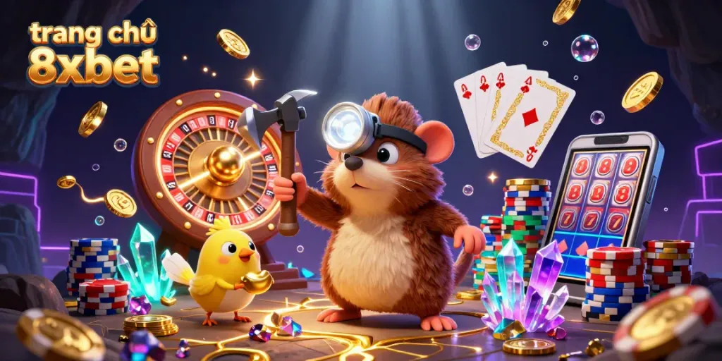 Experience excitement at trang chủ 8xbet with a vibrant casino scene featuring treasure hunters and dynamic game elements.