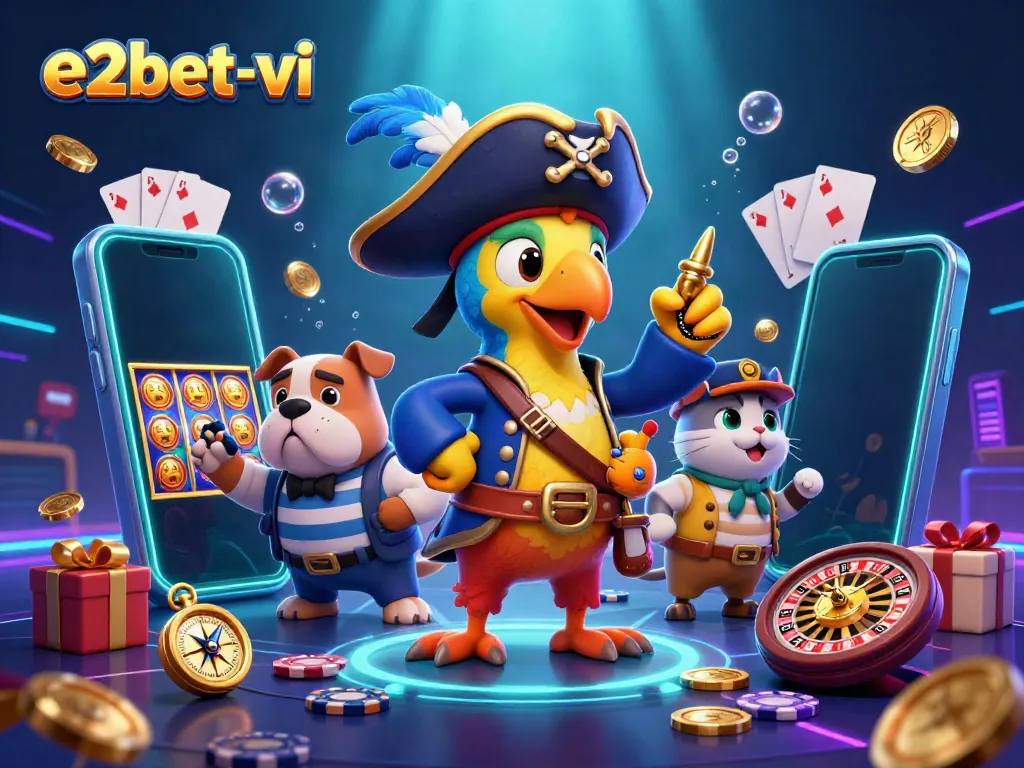 Experience thrilling gameplay with e2bet-vi in this vibrant 3D casino scene featuring pirates, games, and excitement.