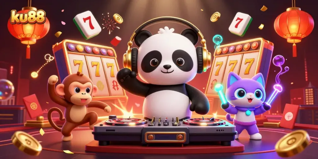 Experience ku88's vibrant gameplay with DJ panda, dancing monkey, and glowing kitten in a lively casino scene.