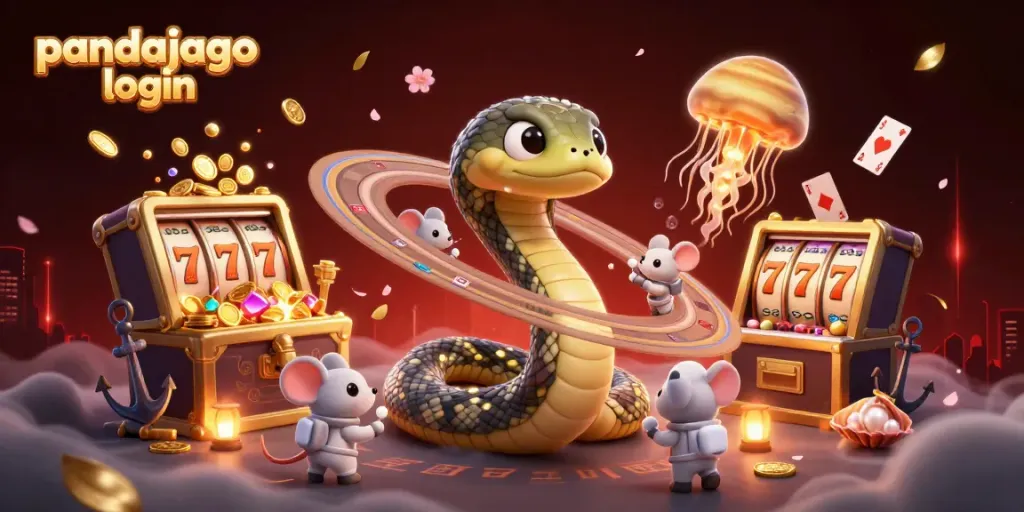 Pandajago login menampilkan ilustrasi kasino futuristik dengan karakter dan elemen slot mengesankan.