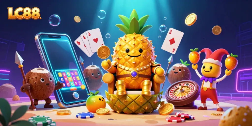 Spin the reels with LC88 in this vibrant 3D casino illustration filled with action and character.