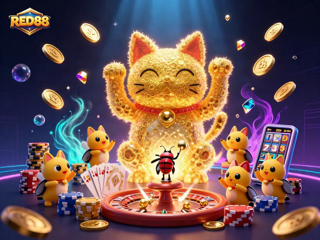 Engage with RED88's lively casino atmosphere through a vibrant illustration of golden fireflies embodying luck and fortune.
