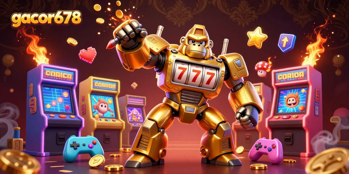 Engage with gacor678 and witness a dynamic wealth explosion featuring a golden gorilla mech and arcade casino elements.