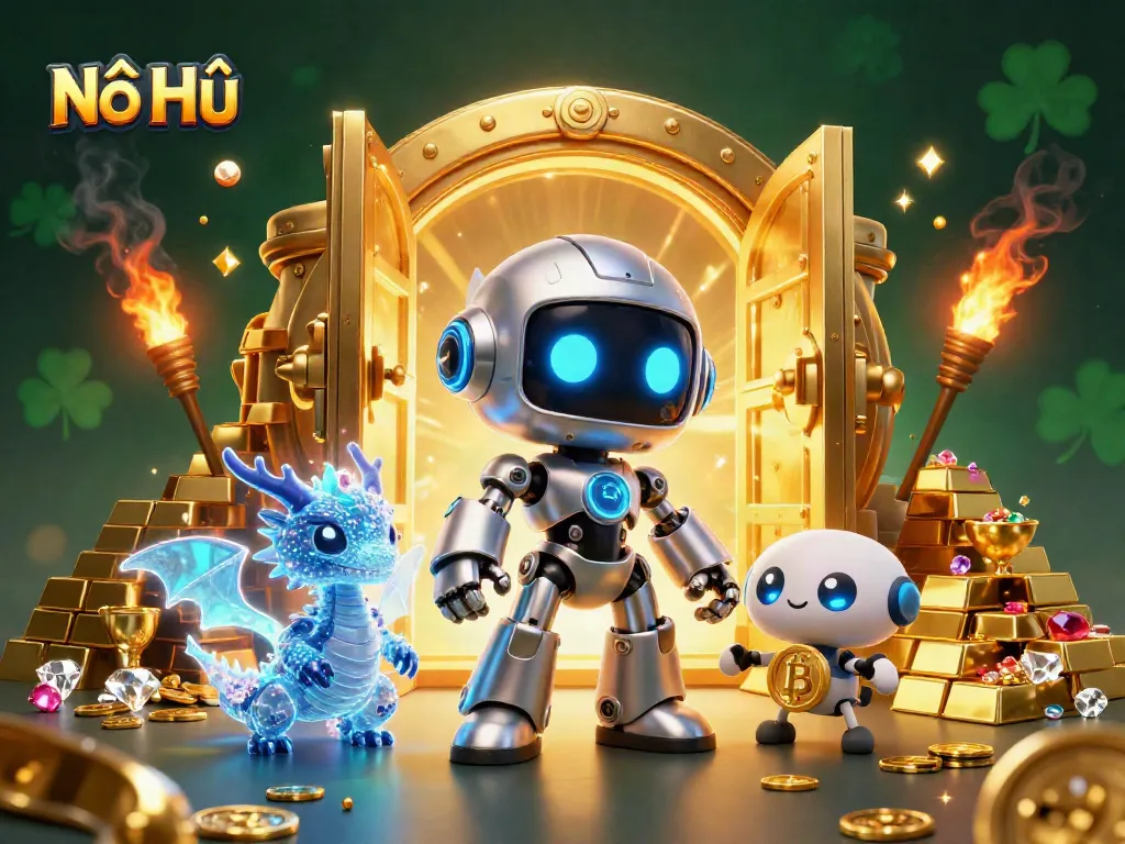 Engage in Nổ Hũ action with vibrant characters and shimmering treasures in a thrilling casino scene.