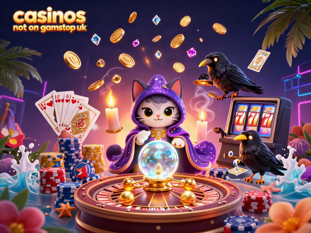 Engage in thrilling gameplay at casinos not on gamstop uk with vibrant 3D illustration depicting fortune teller and raven.