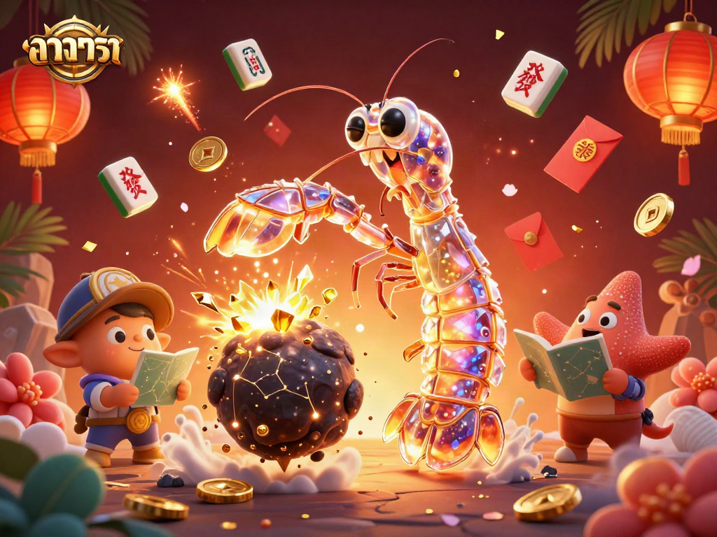 Experience แทงบาคาร่า action with vibrant characters amidst sparkling gems and casino elements in a dynamic scene.