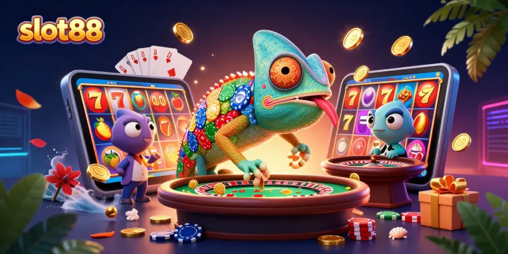 Slot88 menawarkan pengalaman mendebarkan dengan chameleon kasino yang menangkap koin emas.