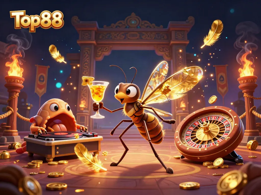 Top88 mascot cocktail party featuring a 3D mosquito, trilobite DJ, and ammonite roulette wheel.