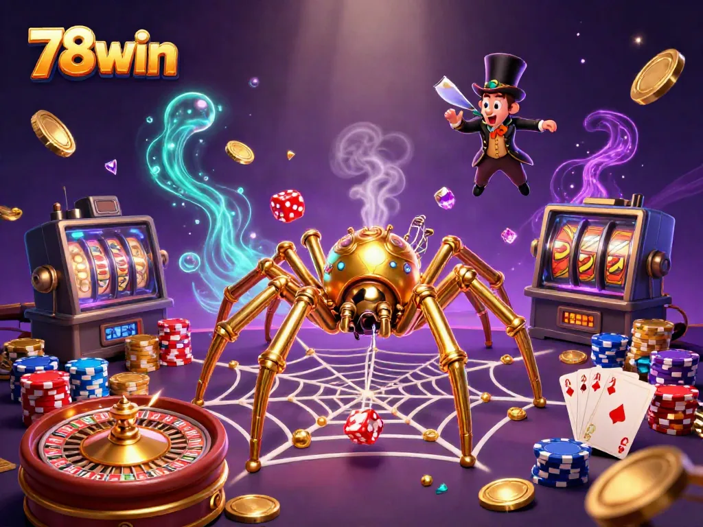 Experience the excitement of gambling with 78win as a steampunk spider spins a web of fortune.