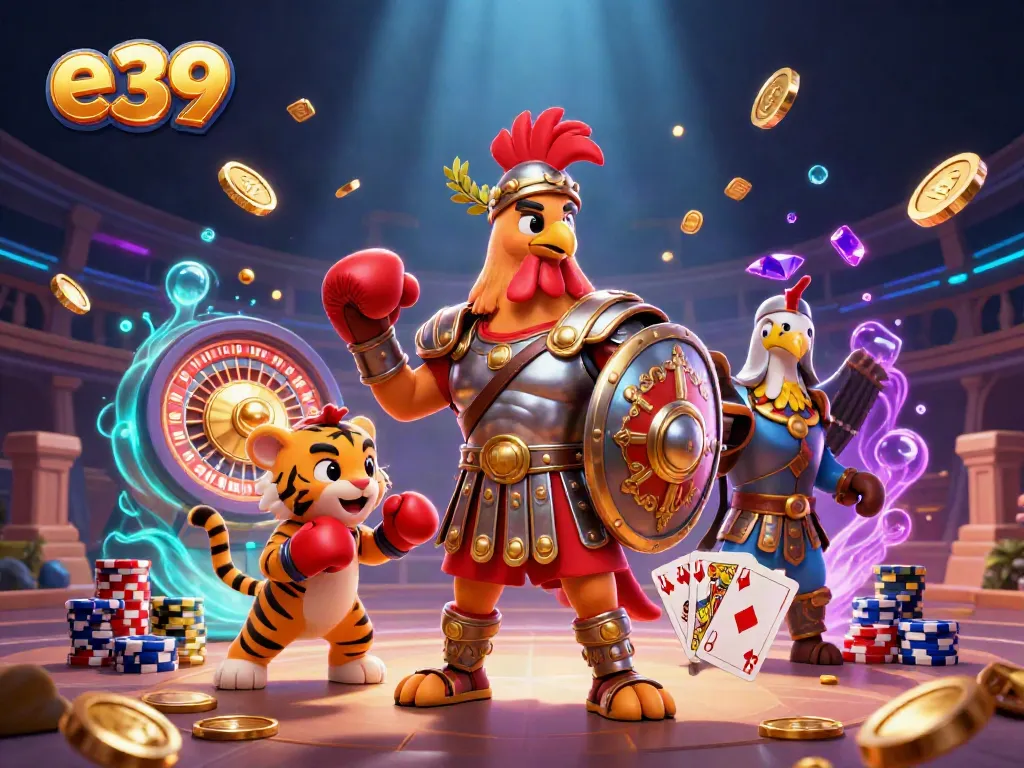 Join the excitement of e39 with a gladiator rooster and sparring cub in a vibrant casino arena.