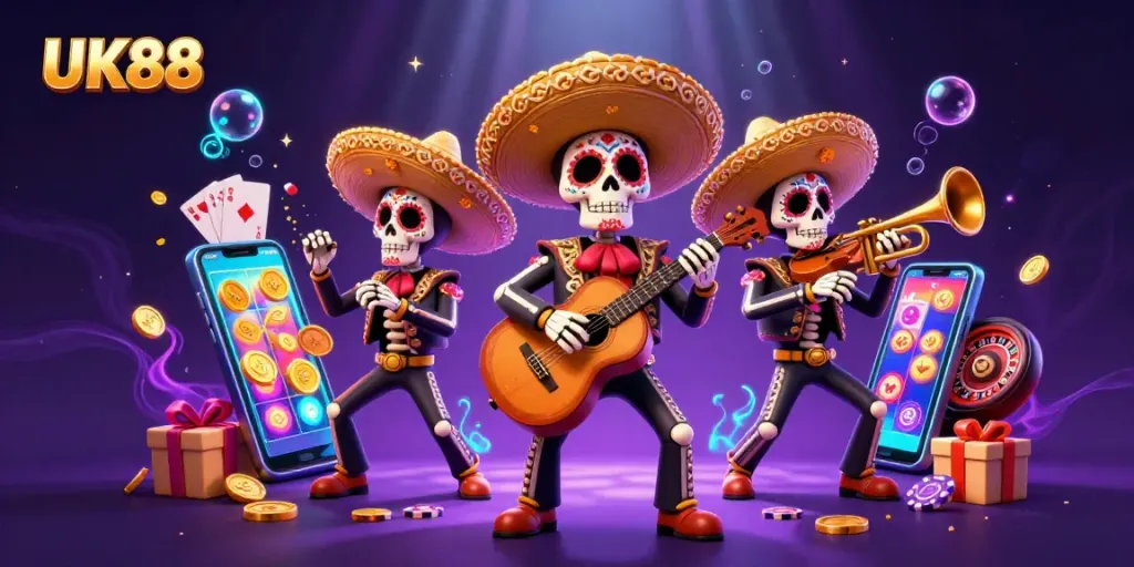 Engage in thrilling games with UK88 in this vibrant, 3D cartoon illustration showcasing a dynamic mariachi band.