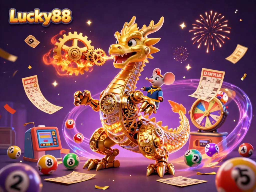 Experience thrilling wins at Lucky88 with colorful lottery balls and magical elements in a vibrant casino scene.