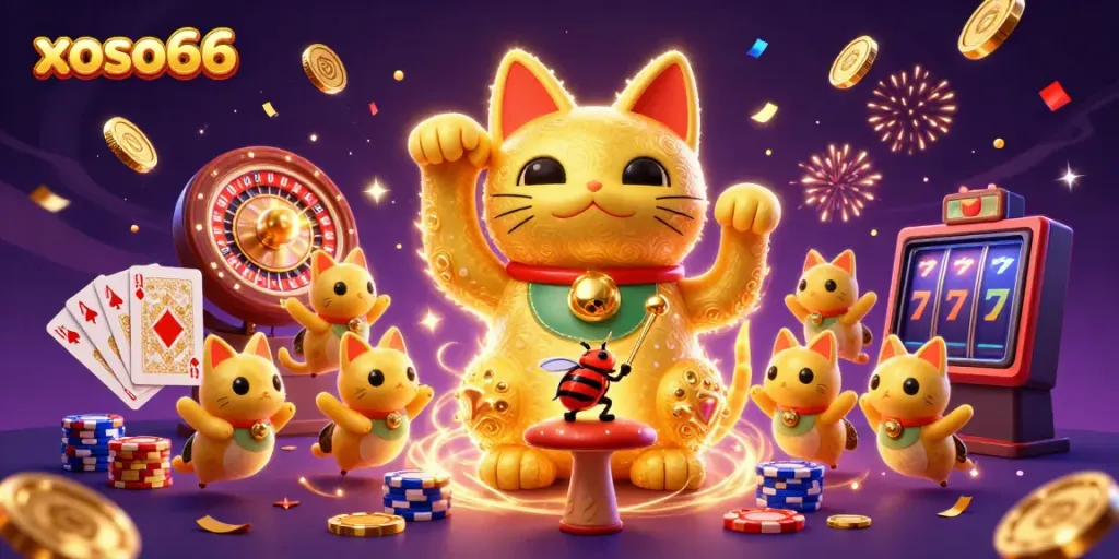 Experience exciting wins at xoso66 with a playful scene featuring a giant lucky cat and vibrant casino elements.