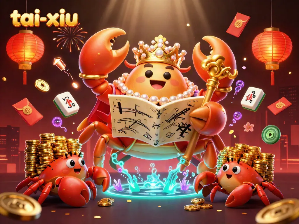 Experience the excitement of tai-xiu with a vibrant casino-themed digital illustration featuring a golden crab emperor amidst playful game elements.