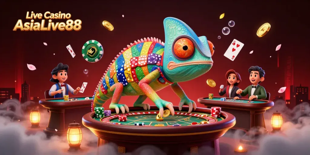 Engage with the immersive experience of Live Casino AsiaLive88, featuring vibrant casino game elements and a colorful chameleon host.