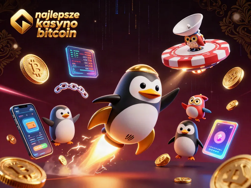 Engage with the best bitcoin casino as a golden penguin blasts through space, surrounded by crypto elements.