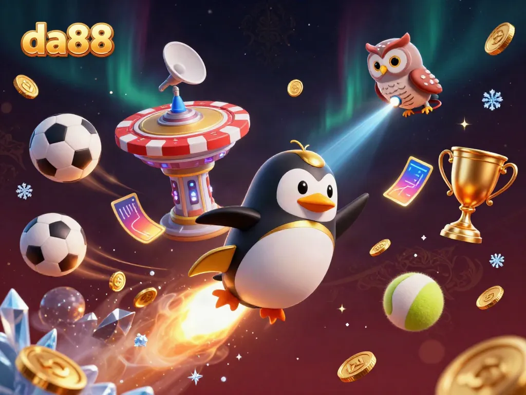 Bet on da88 with a golden penguin in a vibrant casino space scene filled with sports elements!