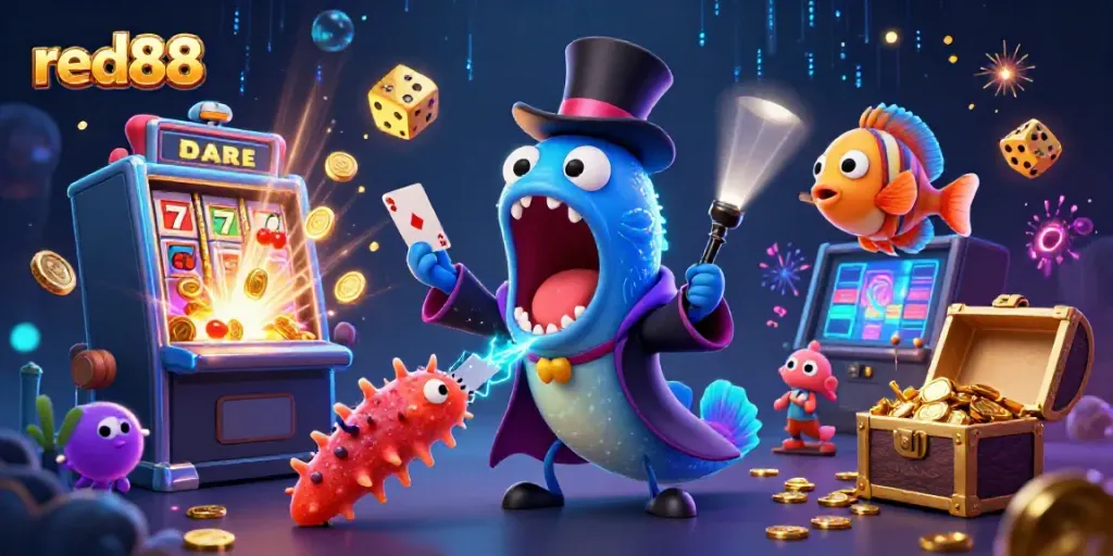 Experience thrilling casino action with red88 in a vibrant, dynamic underwater scene featuring whimsical characters.