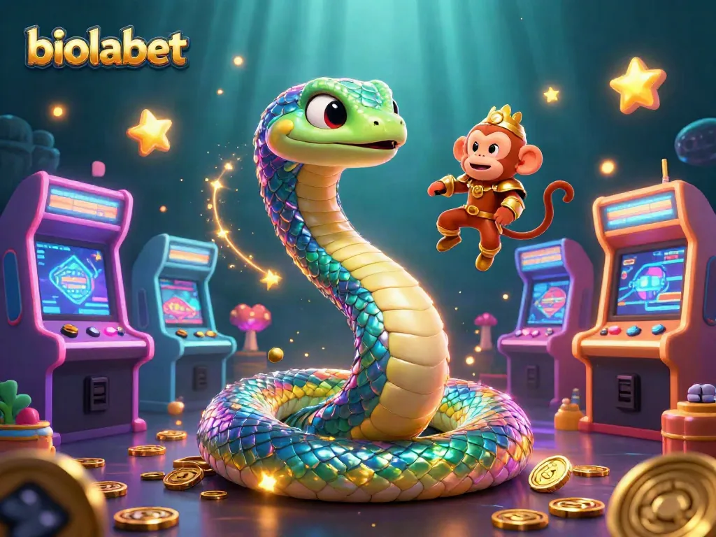 Engage with biolabet: dynamic 3D illustration of a vibrant casino scene featuring a rainbow serpent and game elements.
