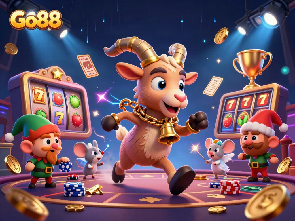 Experience the thrill of Go88 with a Krampus goat, angel mouse, and gremlins in a festive casino.
