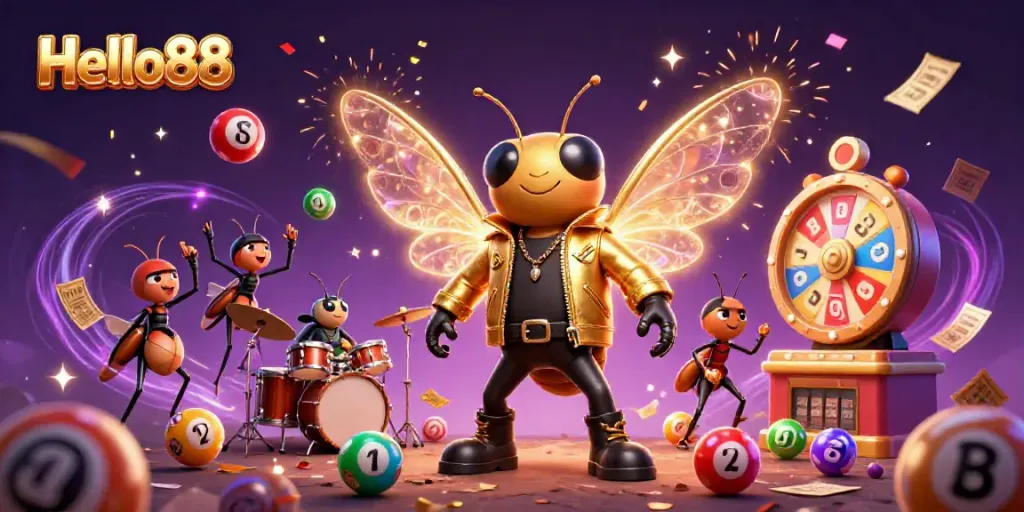 Experience vibrant gaming action with Hello88 featuring a cicada rock star and celebratory elements.