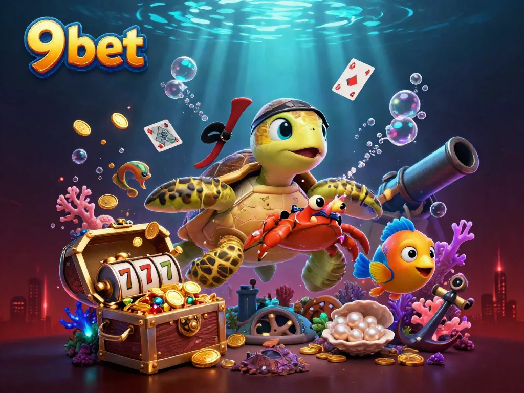 Engage with 9 bet in this vibrant underwater scene featuring a pirate turtle, hermit crab, and parrotfish among rich treasures.