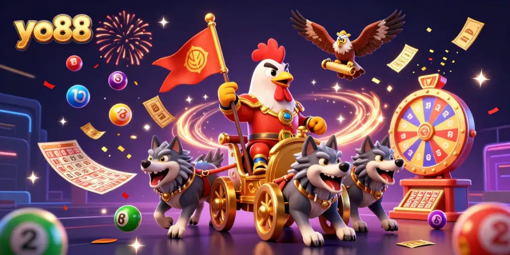 Engage in thrilling gaming action with yo88 as a rooster warlord leads a colorful lottery adventure.