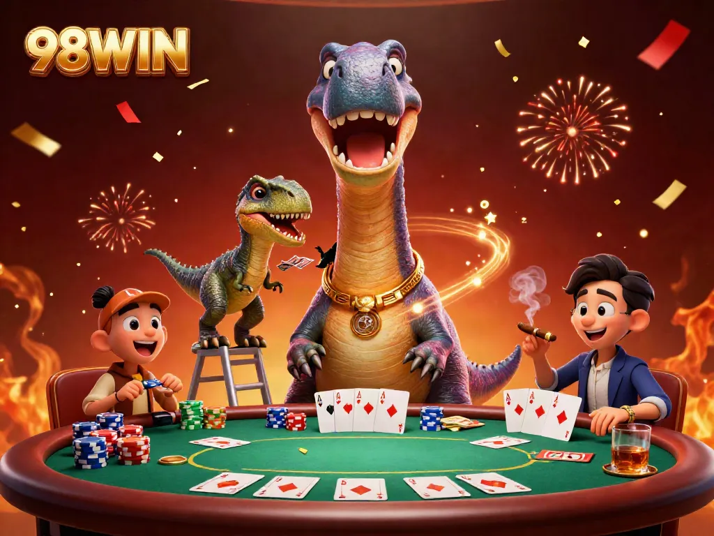 Experience a lively poker scene with 98WIN characters in a vibrant casino setting.
