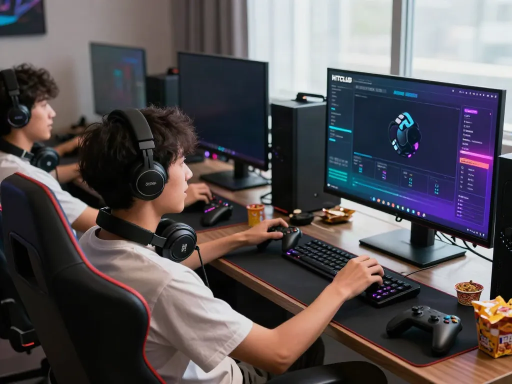 Player enjoying the vibrant gaming interface at https://hitclubt3.com/ with multiple monitors and snacks.