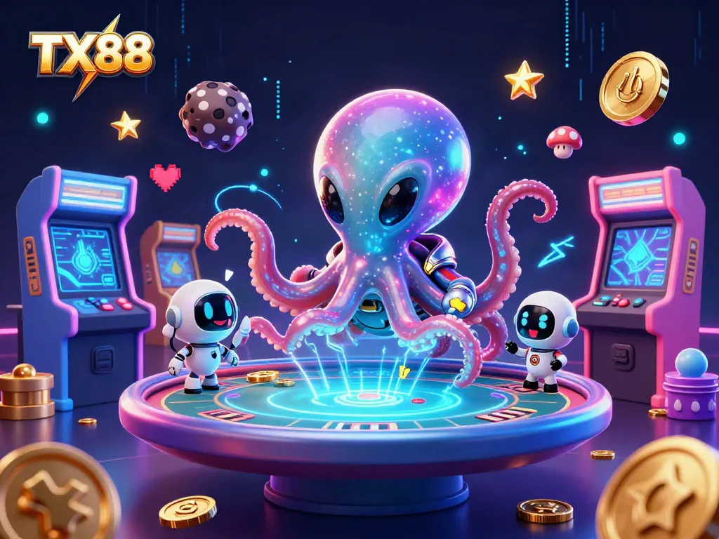 Engage with TX88's alien octopus dealer at a cosmic poker table, surrounded by vibrant casino elements.